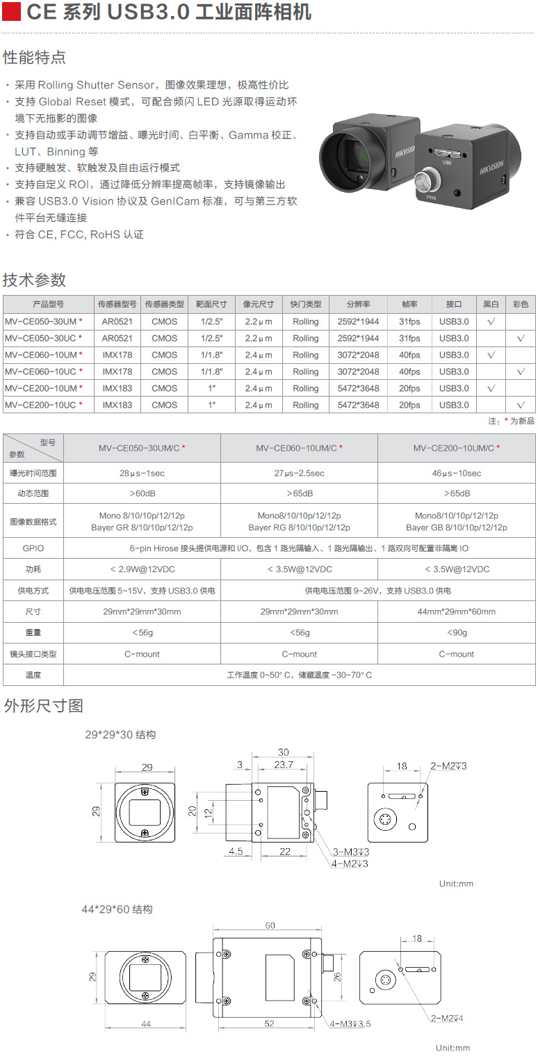 CE系列USB3.0工業面陣相機